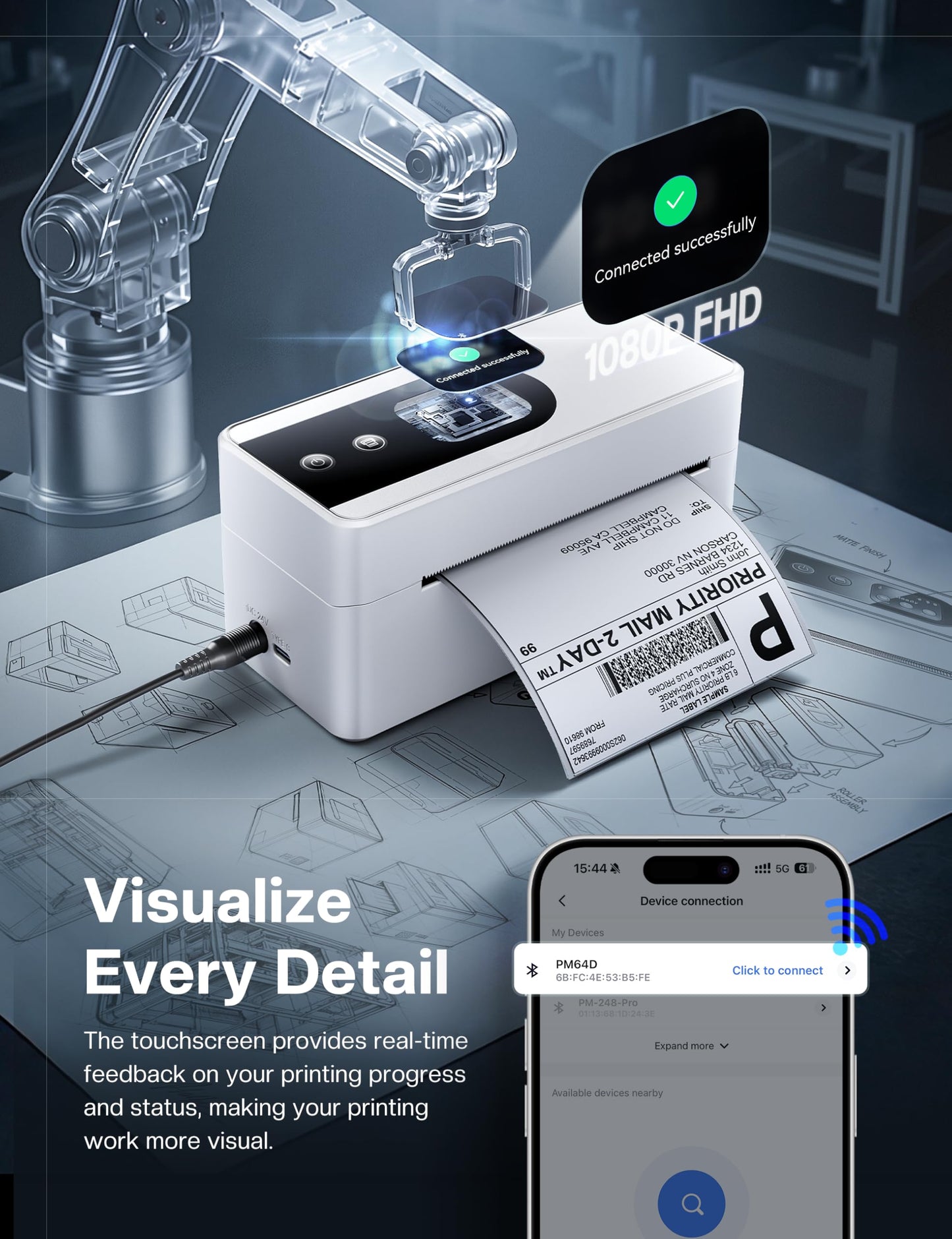 Phomemo 4x6 Shipping Label Printer with Touch Screen, Wireless Bluetooth Thermal Printer for Small Business & Packages, Compatible with Amazon Shopify UPS USPS, Support Android iOS Windows Mac