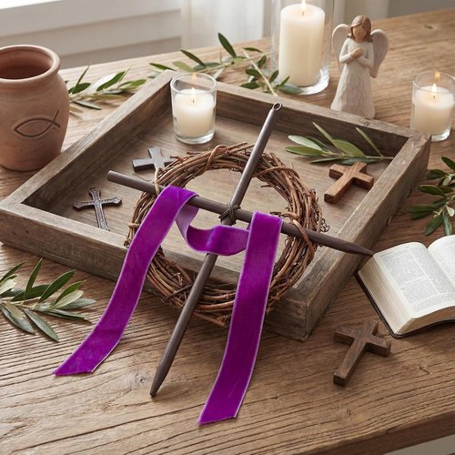 Dingion Mini Crown of Thorns Nail Cross Wreath Decor - Purple Velvet Ribbon, 7in Christian Catholic Design