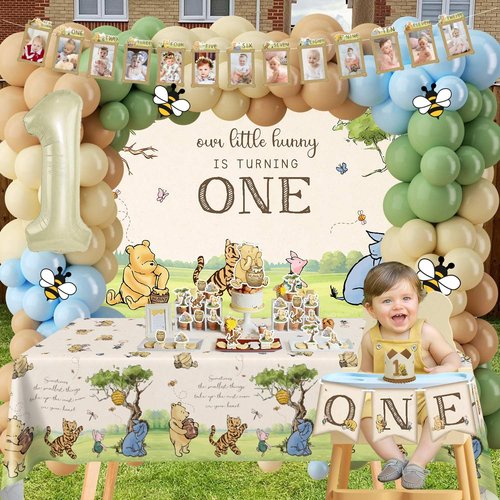 154pcs Winnie First Birthday Decorations Party Set, Classic Pooh Bear 1st Birthday Month Banner, High Chair Banner, ONE Box, Balloon Arch, Crown, Tablecloth, Backdrop, Cake Toppers and Stickers