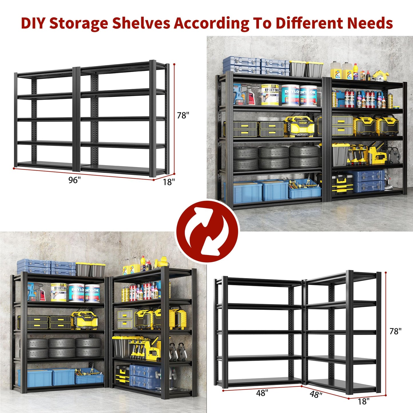 OPTYMIRA 5 Tier Metal Garage Shelving Units and Storage,78" H*48" W*18" D Heavy Duty Shelves Adjustable,2000lbs Load-Bearing,Utility Racks Industrial Steel Shelf for Warehouse Basement Shop
