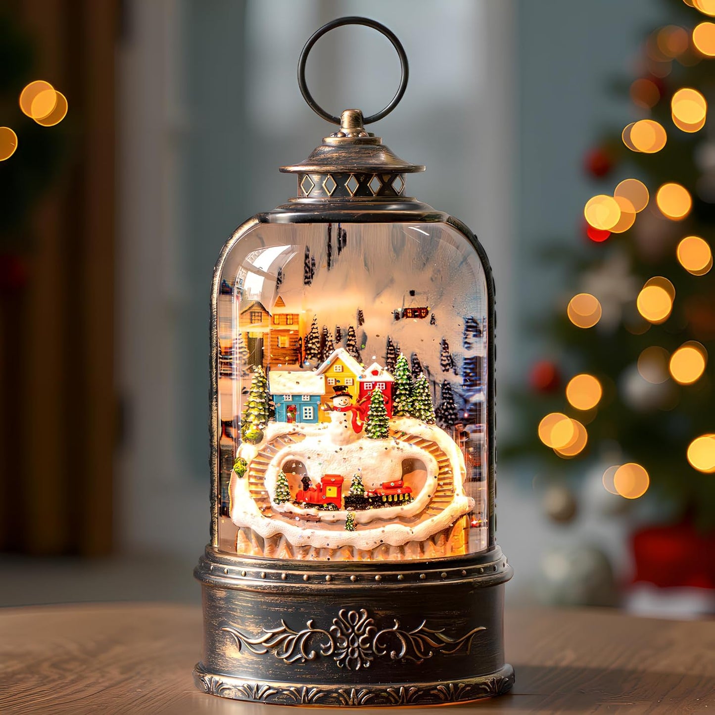 Skiennix Christmas Snow Globe Lantern - Glittering Snowman & Train with Music | USB & Battery Operated