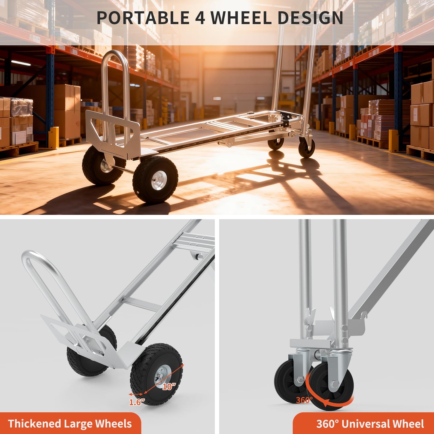 Aluminum Convertible Hand Truck, 800lbs 3 in 1 Folding Dolly Cart Lightweight Frame,Heavy Duty Industrial Platform Cart Handtruck for Construction, Logistics, Shopping, Home, Office Moving (Silver)
