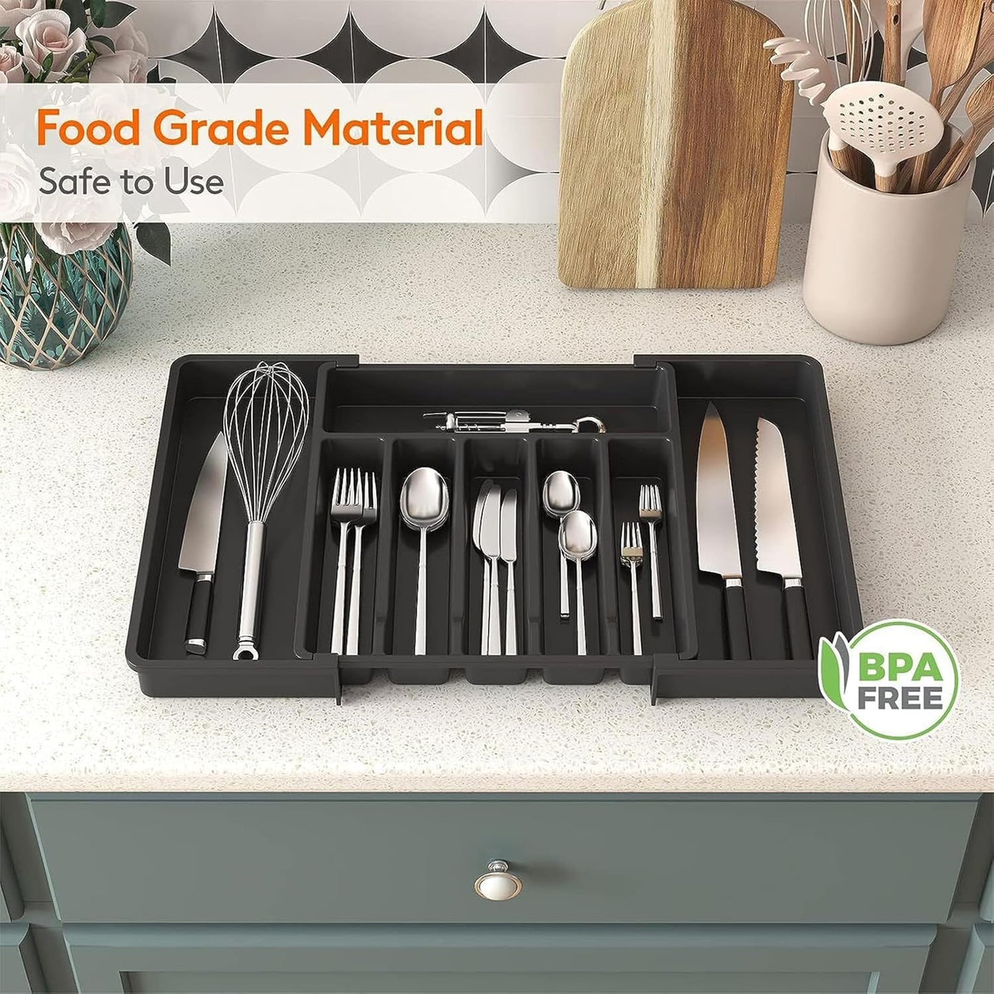 Skiennix Large Expandable Silverware Organizer - BPA-Free Plastic Utensil Tray for Kitchen Drawers | Adjustable Cutlery Holder