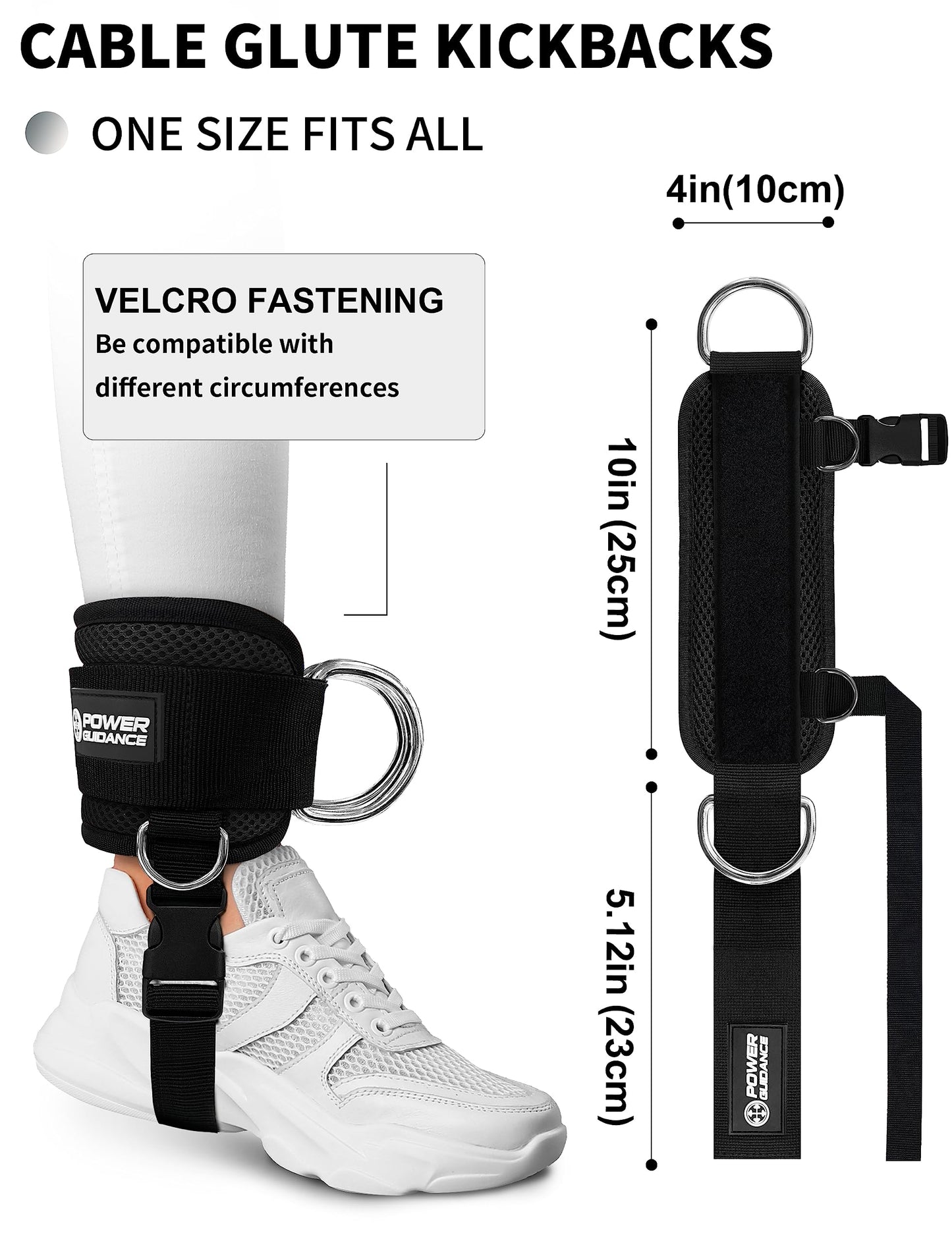 POWER GUIDANCE Ankle Strap for Cable Machine Professional Kickback Ankle Strap for Glute Workouts, Leg Extensions - Adjustable Strap with D-rings