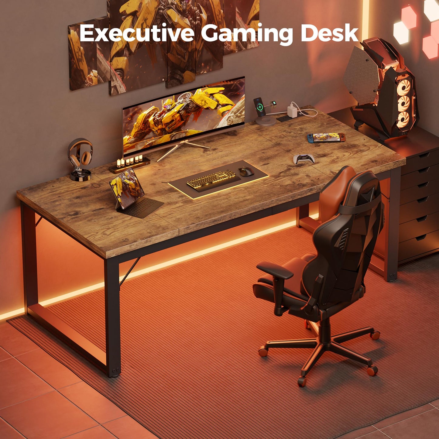 Mericonia 63 Inch Large Computer Desk with Power Outlets, 1.2" Thick Heavy Duty Industrial Office Desk, Modern Simple Study Writing Table for Home Office Bedroom Workstation, Brown