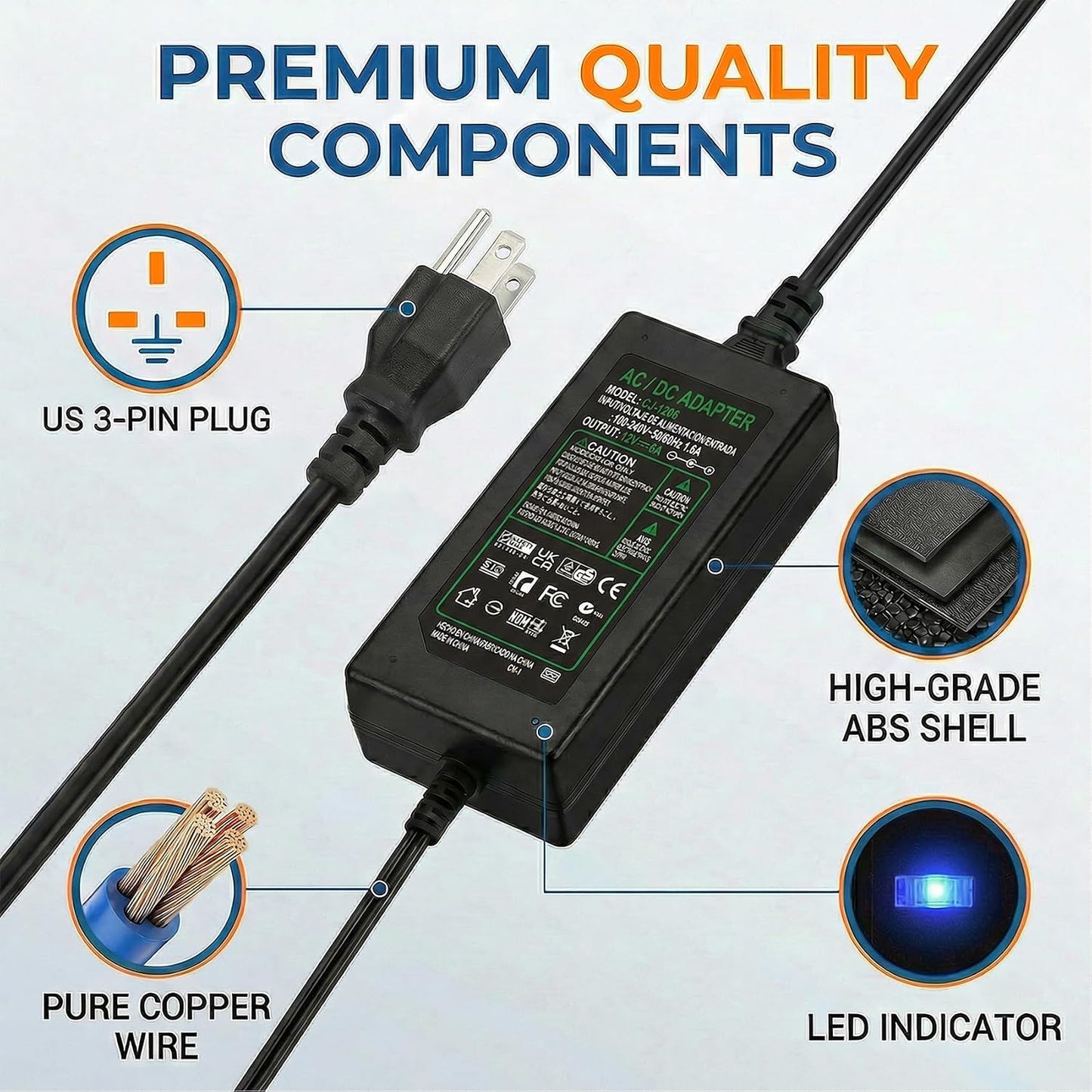 FDALUMIS 12V 6A 72W 100-240V 50-60Hz 12 6 5.5mm 2.5mm 12V 72W Power Supply Adapter, AC/DC Transformer to Volt Amp