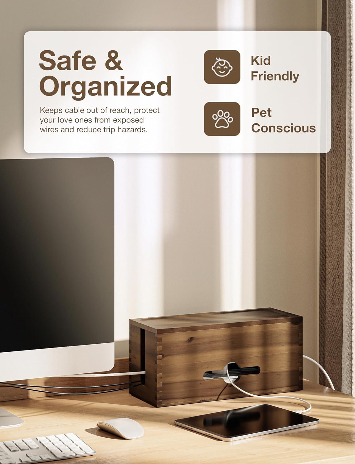 Tidita 15" 3 Acacia Large Cable Management Box - L Cord Box Hider, Power Strip Box for Office - Cable Hider Box, Surge