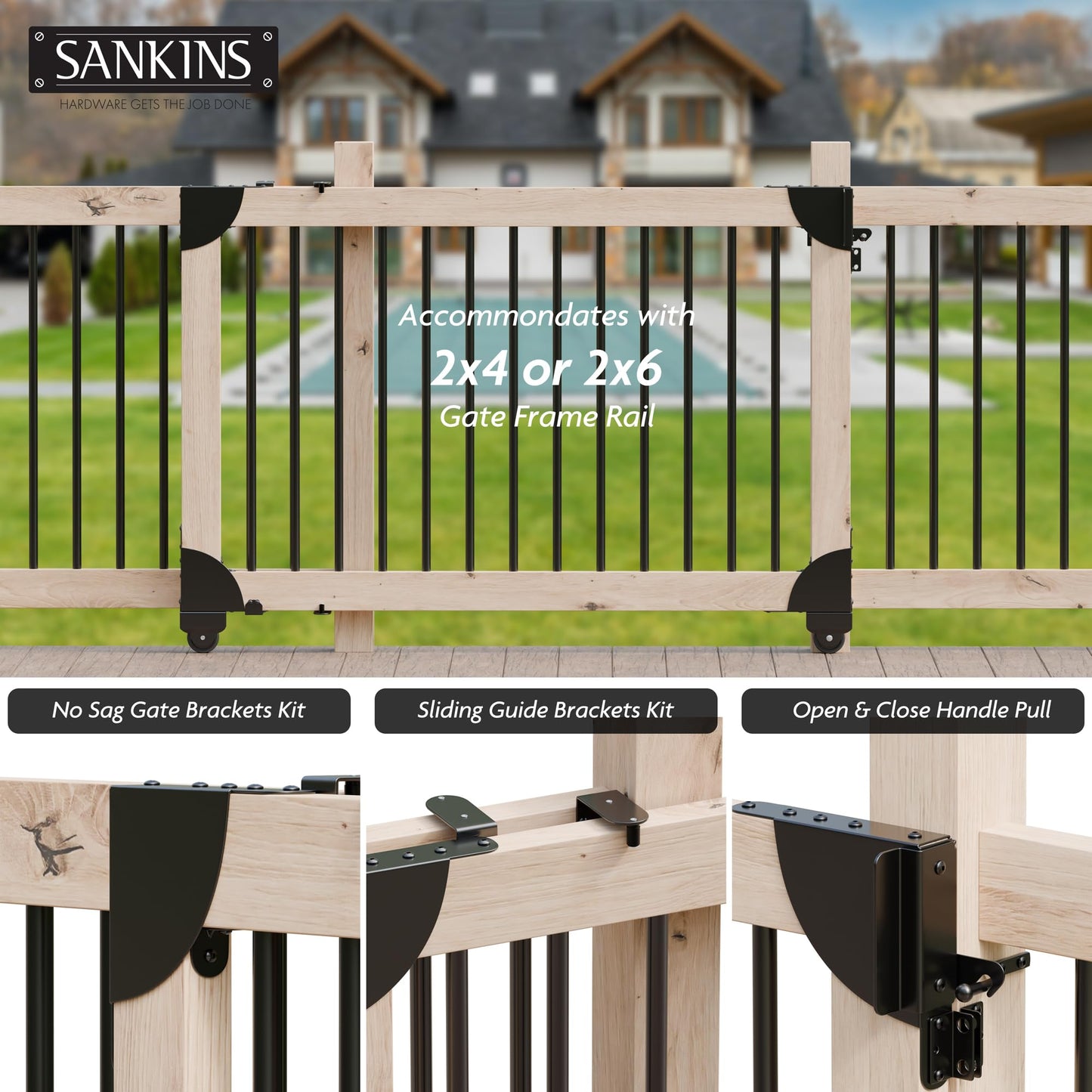 SANKINS Heavy Duty Sliding Gate Kit, Adjustable Sliding Gate Hardware Kit for Wood Fence, Anti Sag Gate Kit Gate Corner Brace Bracket with Gate Latch, Fence Gate Kit for Driveway Gates, Pool Gates