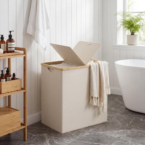 Efluky Laundry Hamper - Double 2-Section Basket with Lid & Removable Bags - 140L Beige