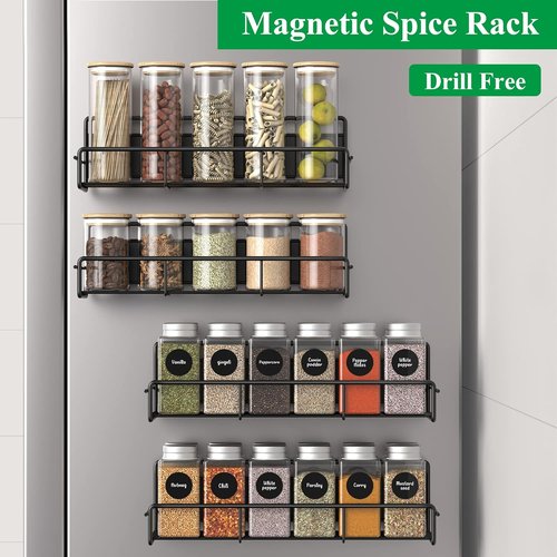 HuggieGems Magnetic Spice Rack Organizer - 4 Pack Metal Fridge Shelf for Kitchen | Black