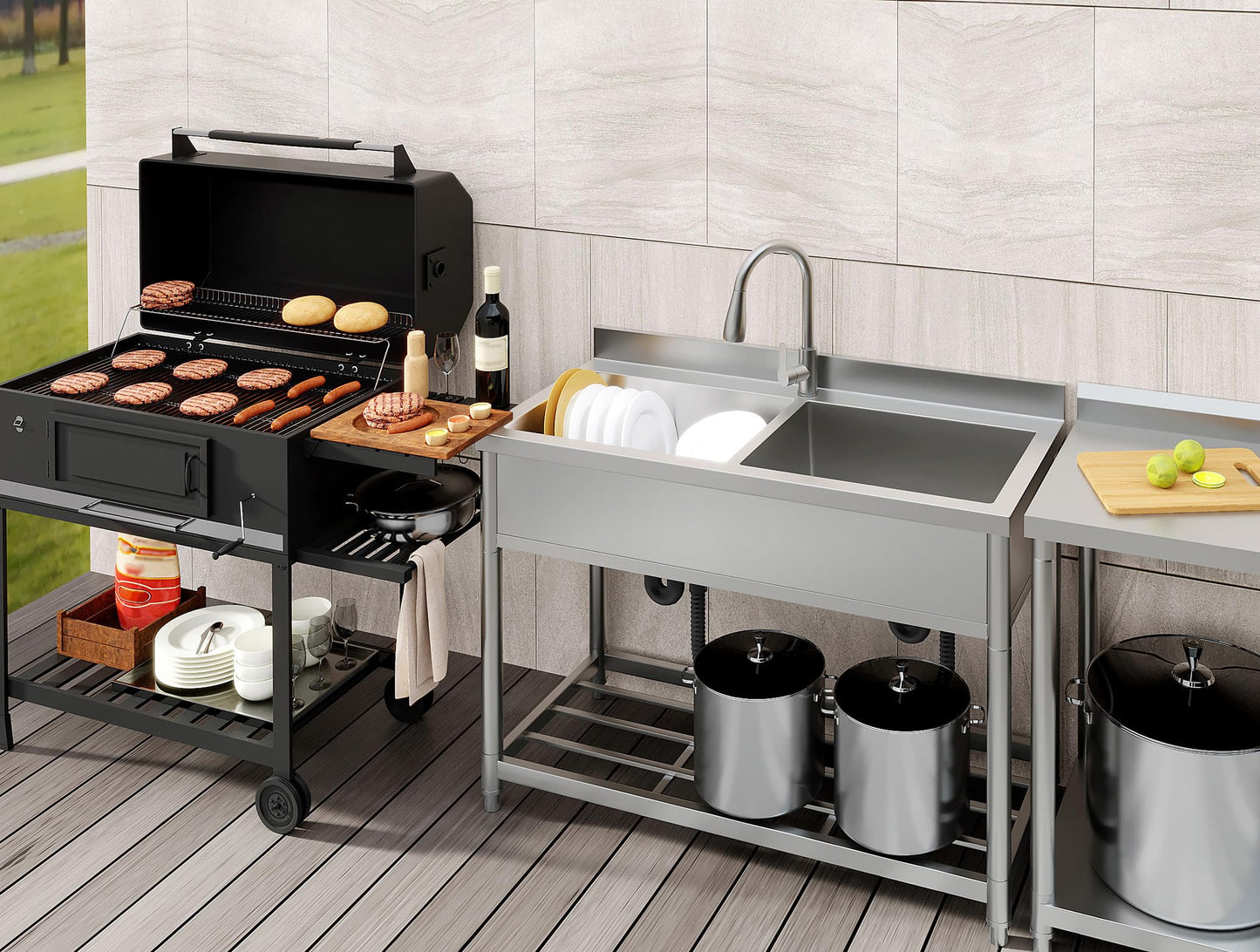 GGW 2-Compartment Commercial Sink, Stainless Steel Utility Sink with Pull-out Faucet, Free Standing Double Bowl Kitchen Sink for Restaurant, Garage, Shop, Cafe, Outoor, 21.7"D x 47.2"W x 37"H