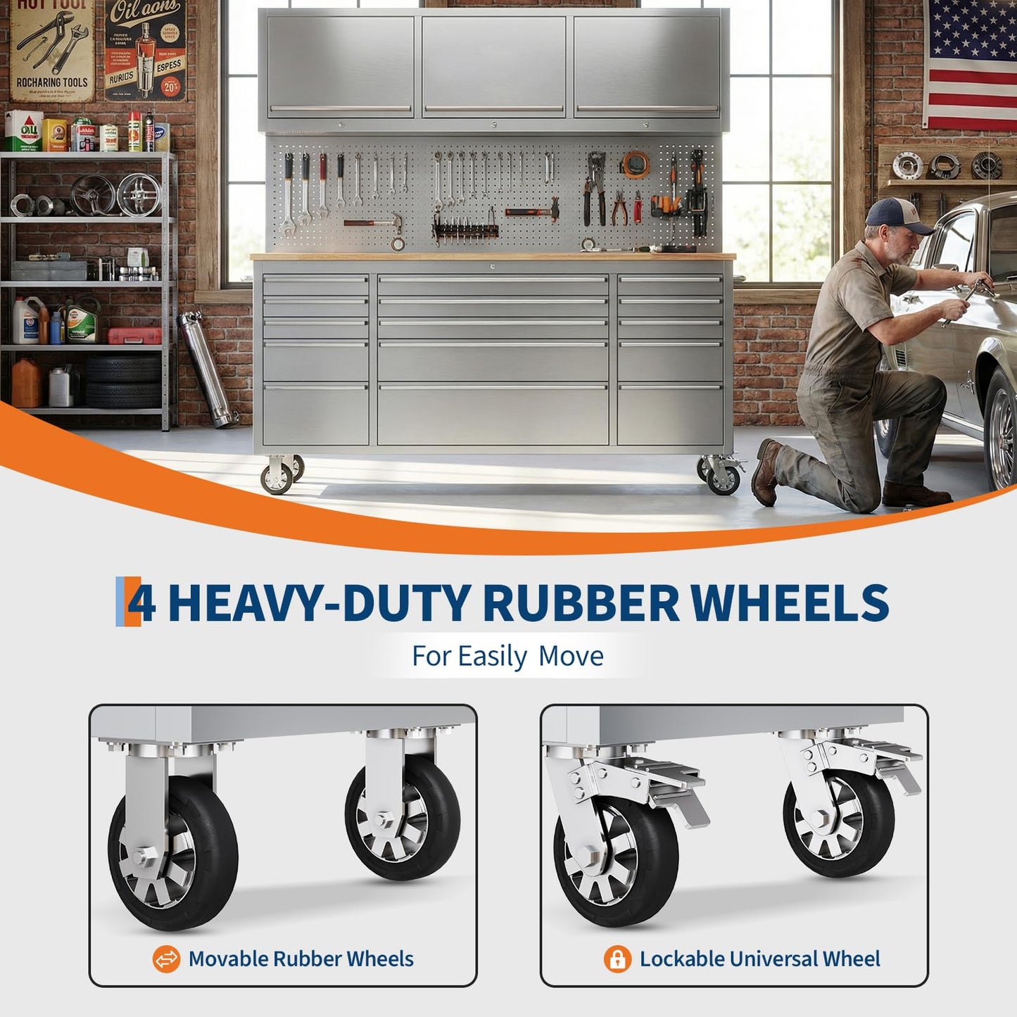 GarveeTech 72-Inch Heavy-Duty Rolling Tool Chest & Mobile Workbench, 15 Drawers & 3 Top Cabinets, Rubber Wood Tabletop, Key Locking System, Drawer Liners, Wheels, Steel Storage Cabinet for Garage