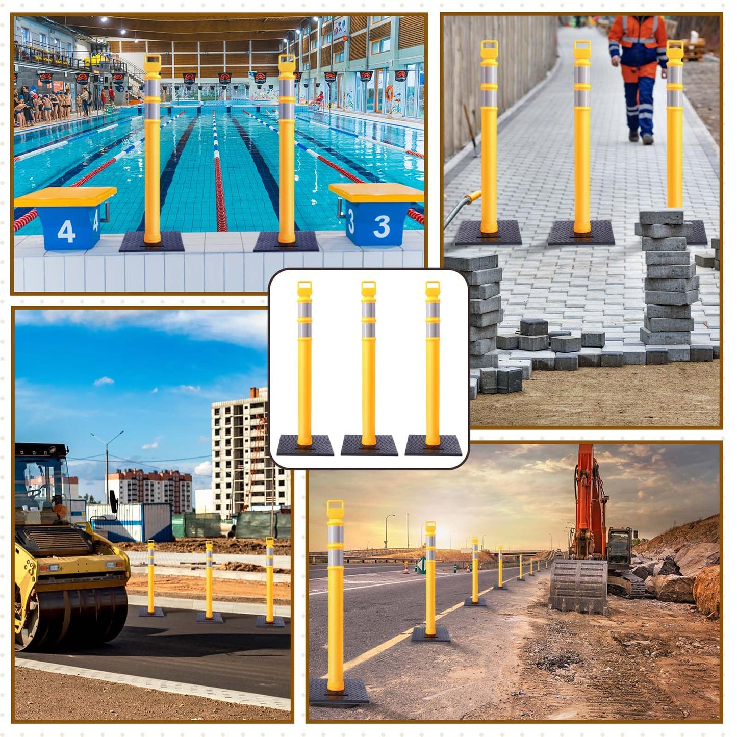 Kanayu 49 Inch Traffic Delineator Posts with 8.8 Lbs Rubber Base PE Delineator Post Portable Parking Pole Traffic Cone Barrier with Removable Base, Reflective Band(4 Packs,Yellow)