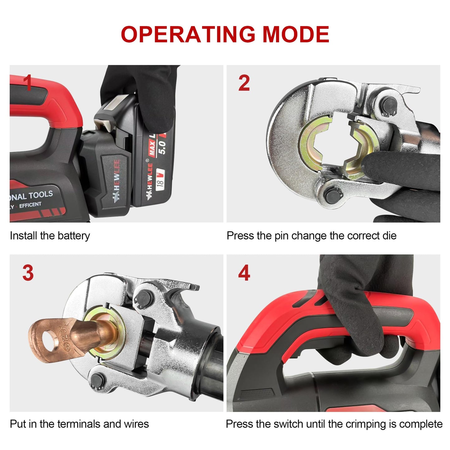 HHEWLEE Electric Wire Cable Crimper Battery Powered Hydraulic Crimping Tool Range 8AWG to 600MCM with 12 Dies, Electricians for Circuit Repairs and Stainless Steel Deck Upgrades (HL-300K)