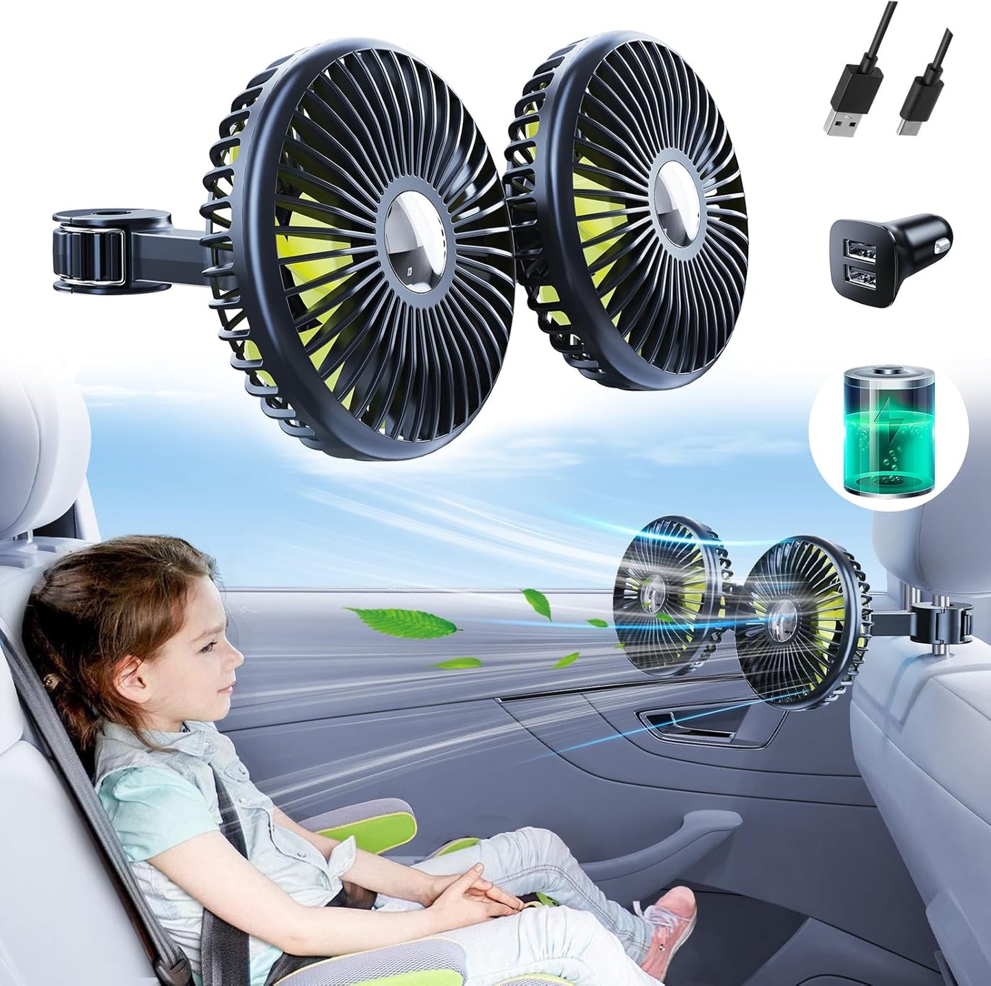 360 Battery Fan for Car Backseat - Rechargeable Car Fan for Backseat Kids Dogs [Comes with Car Charger&USB C Cable]