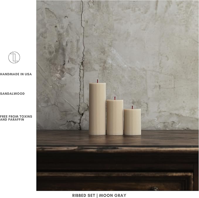 LAWA Roman Handmade Tall Ribbed Pillar Candle - Beautiful Scented Soy Wax Dinner Candle | Classic Aesthetic Decoration Set | Housewarming Gift | Home Room Shelf Decor Idea - Moon Gray (Set of 3)