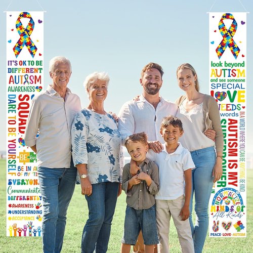 DoubleFill Autism Awareness Banners - 2 Pcs Puzzle Piece Door Decorations for Indoor/Outdoor Use