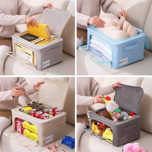 CYhom Foldable Storage Bins - Stackable Linen Fabric Organizer with Clear Window & Carry Handles | Large Capacity (Small-22L, Beige)