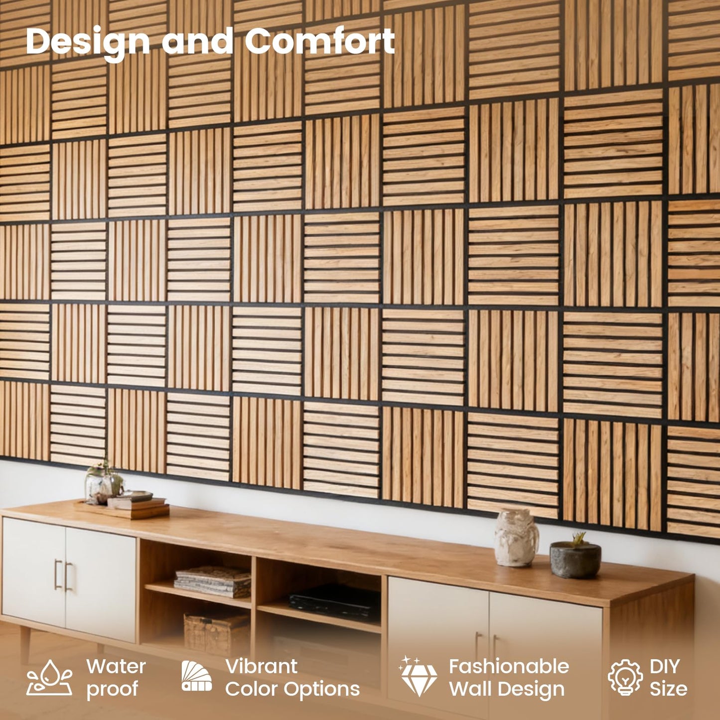 Adedeo Wall Panels 10 Pack 12 x 12 in Glass Strip Acoustic Panels for Wall and Ceiling - 3D Fluted Sound Absorbing Panel with Glass Finish - Dark Teak