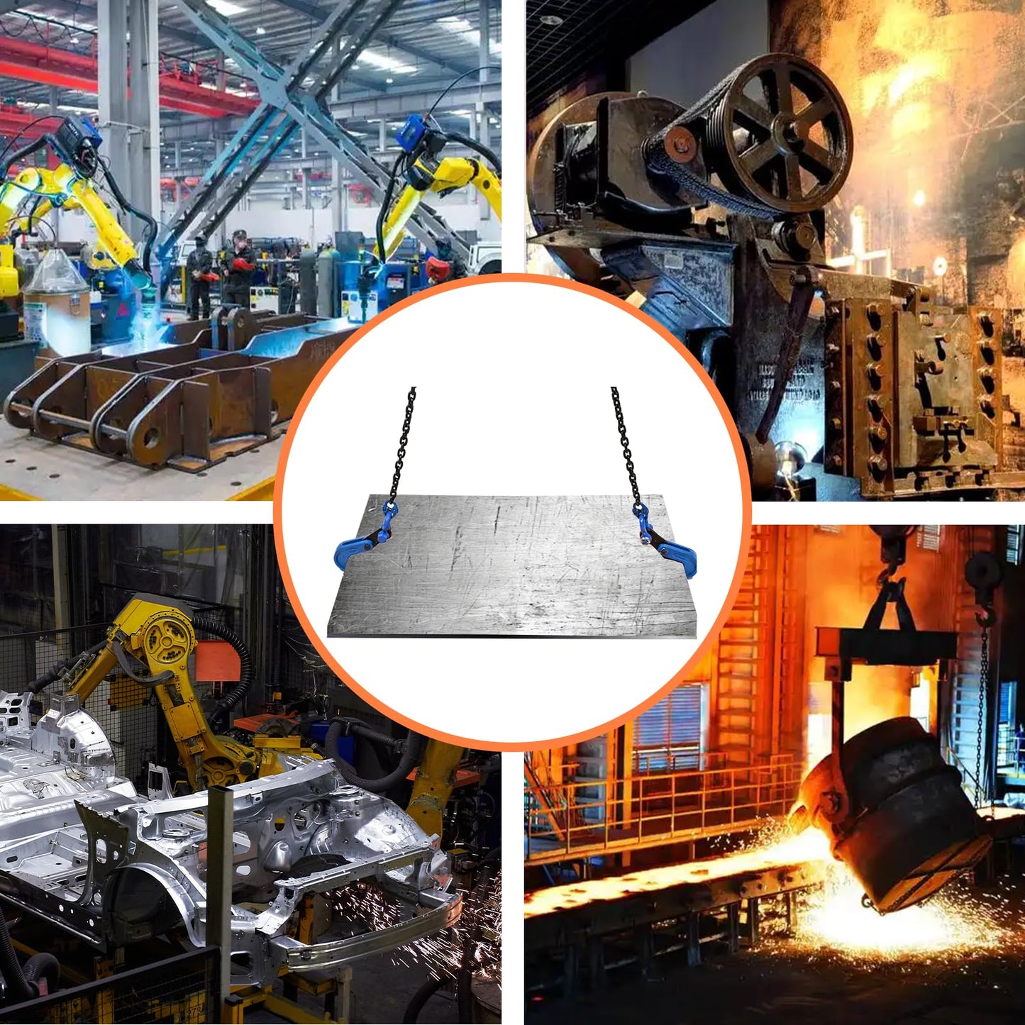Horizontal Steel Plate lifting clamp kit-0.8t capacity with High Strength Manganese Steel 1.5m Chain|ASME B30.20 Certified plate clamp & Rigging Set