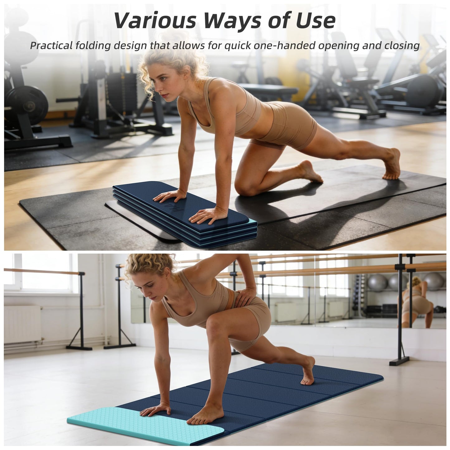 HAHE Foldable Yoga Exercise Mat, 74"Lx32"Wx1/3"Thick, TPE Multi-purpose Workout Mats with Non-slip Surface, Portable for Yoga/Pilates/Studio/Home Gym (Navy Blue+Green)