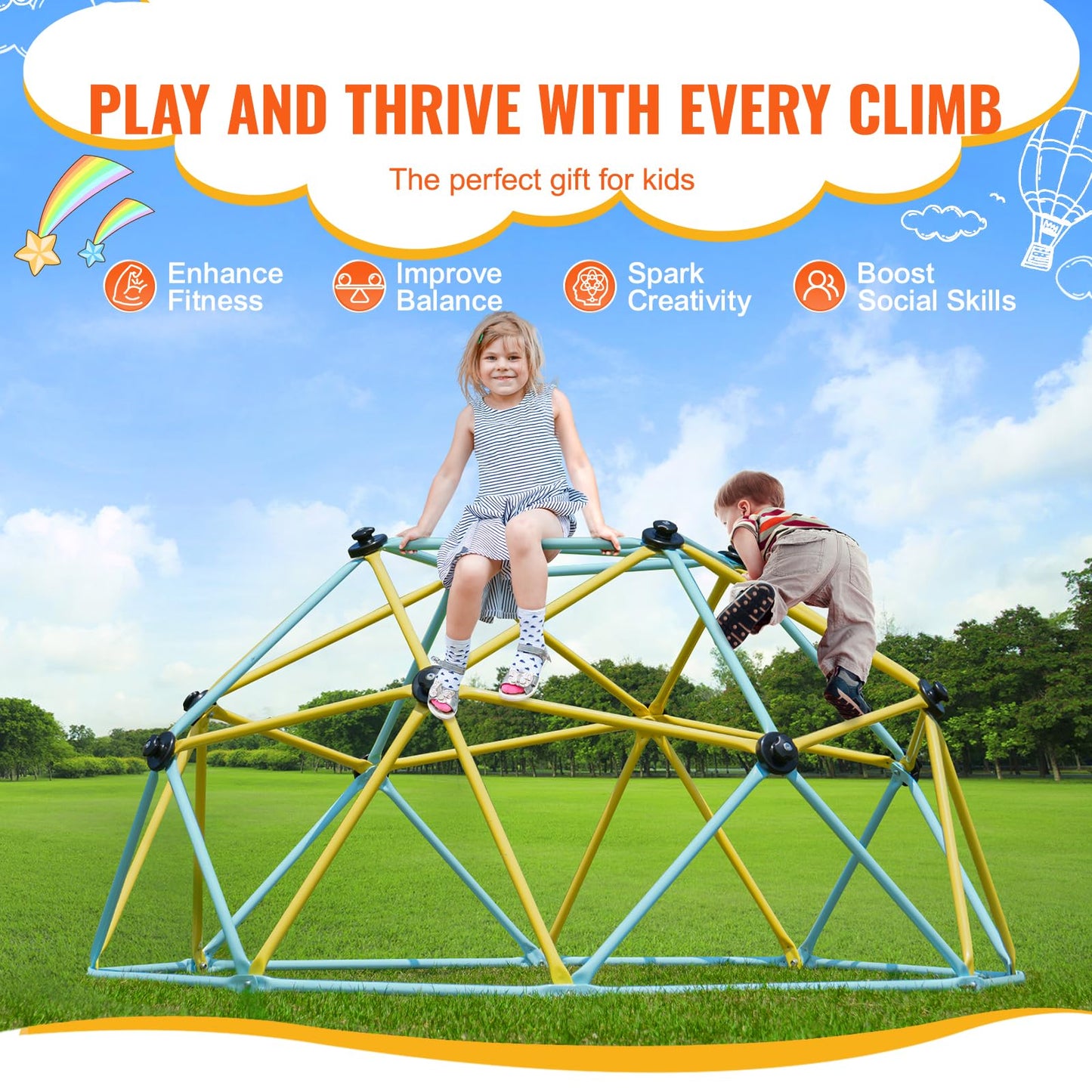 VEVOR Climbing Dome, 6FT Jungle Gym for Kids 3 to 9 Years Old, Geometric Dome Climber Play Center Supports 600LBS and Easy Assembly, with Climbing Grip, Outdoor and Indoor Play Equipment for Kids