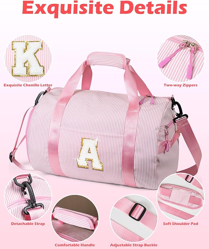 Gift for 5 6 7 8 9 Year Old Girls, Girl Gym Bag, Kids Initial Overnight Duffel Bags with Shoe Compartment, Personalized Travel Bag with Makeup Pouch, Dance Recital Gifts for Niece (Letter K)