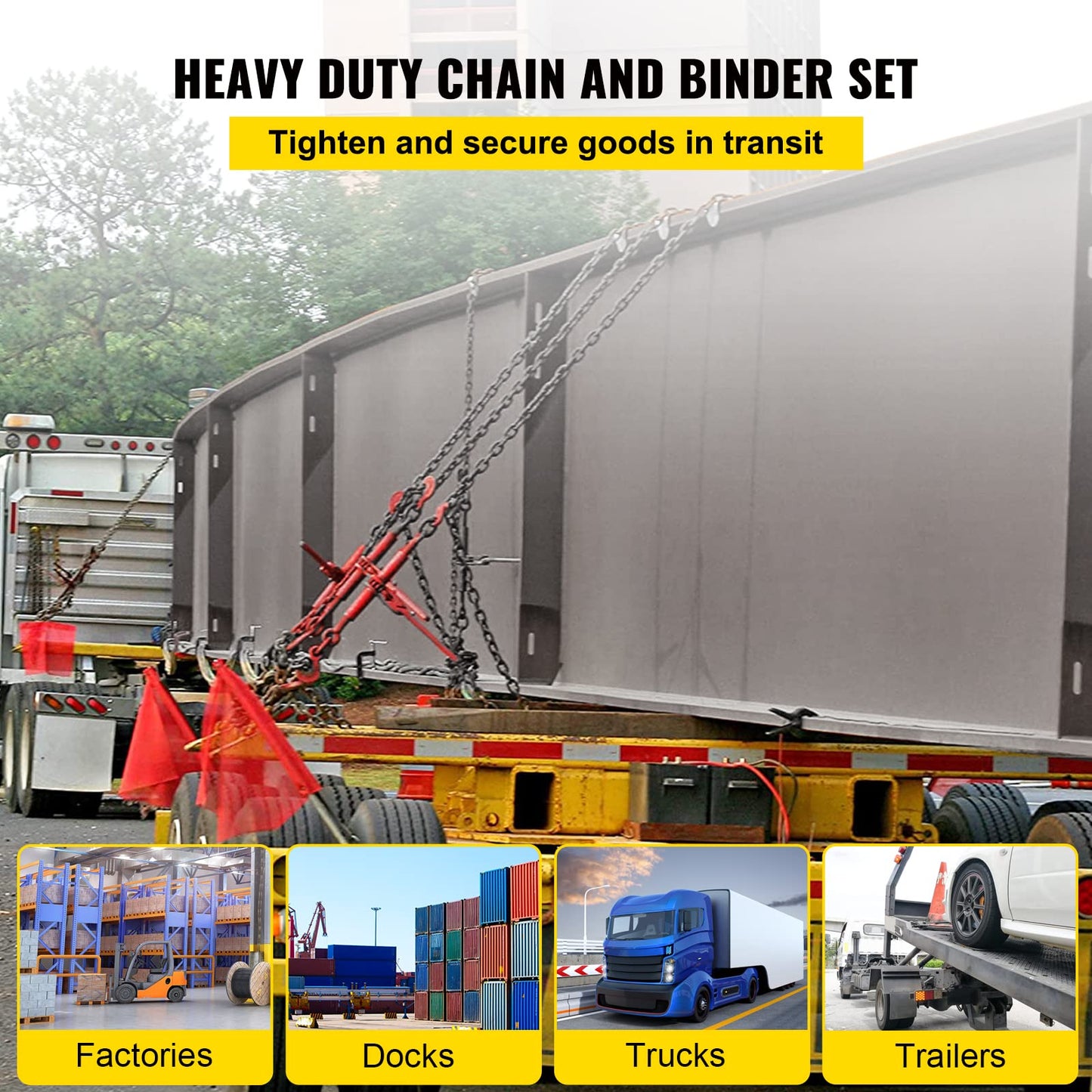 VEVOR Chain Load Binder, 5/16" Tie Down Kit w/ 7100LBS Working Load Capacity and Two Grab Hooks, Includes (4) Ratchet Binders - (4) 21' Grade 80 Chains, Transport Load Package for Hauling, Towing
