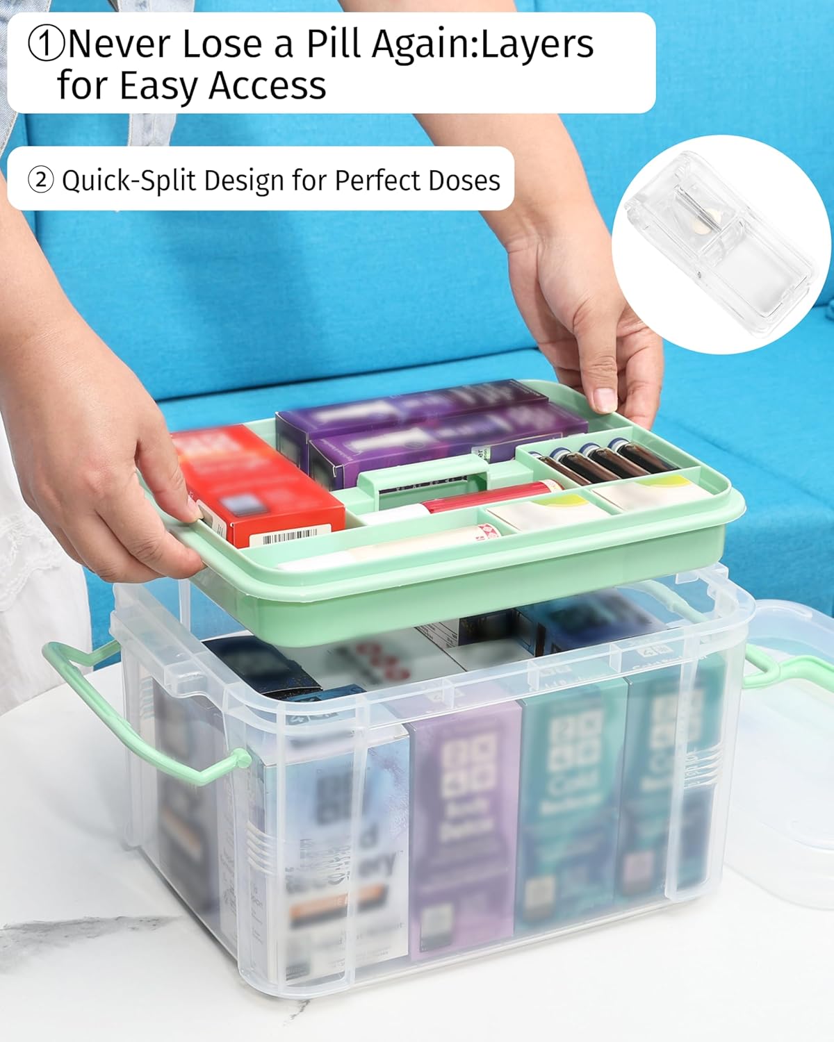 Skiennix Medicine Organizer Storage Box - 2 Pack Clear Portable Pill Splitter & First Aid Kit