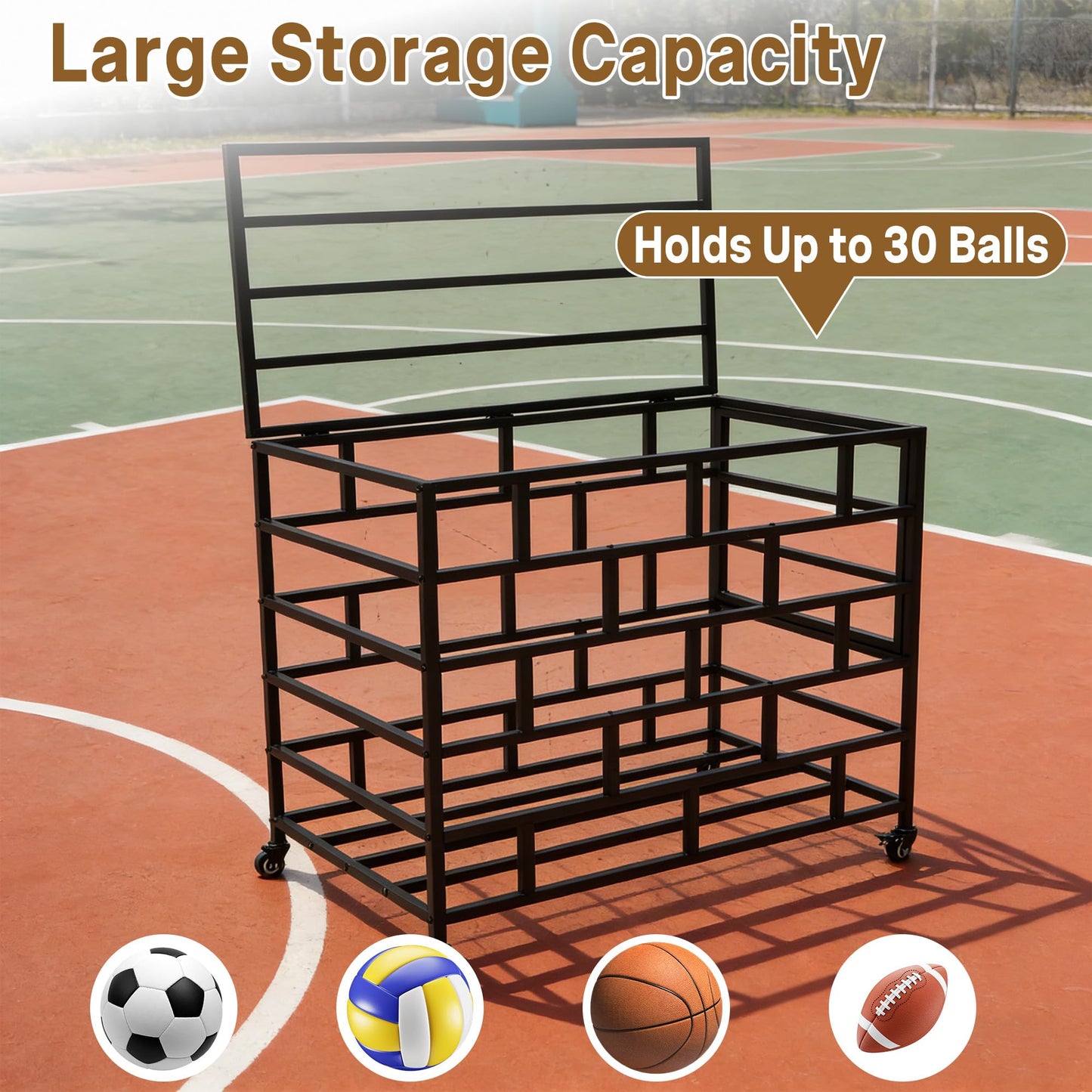 veonly Ball Storage Cart, Lockable Rolling Basketball Storage Bin & Organizer with Wheels, Secure Sports Exercise Ball Cart Holder for Gym, School, Club, Indoor Outdoor Use
