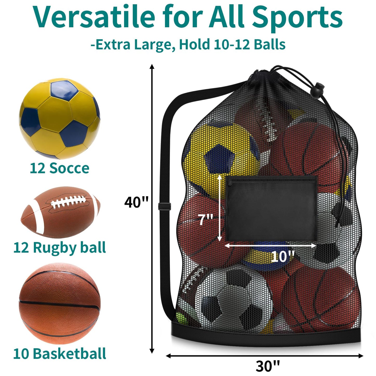 Extra Large Sports Ball Bag, Heavy Duty Breathable Mesh Storage Bag, 40" x 30" Hold 10-12 Soccer Basketball Football, Adjustable Shoulder Strap, Ideal for Coaches, Team, Swimming Gear (Zipper Pocket)