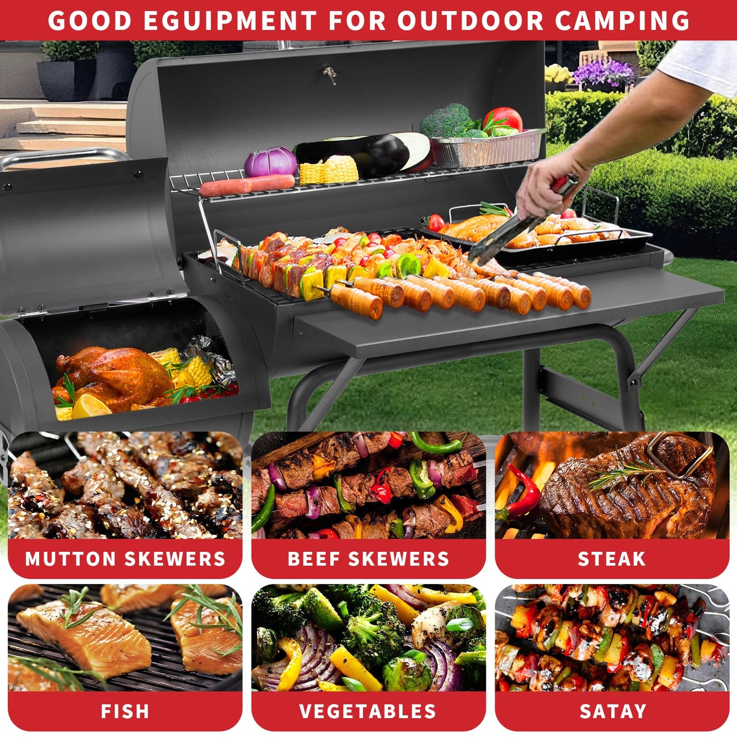 Kendane Barrel Charcoal Grill with offset smoker,550 Square Inches Cooking Area, Outdoor BBQ Grill with Front Shelf, Perfect for Backyard, Patio Parties and Picnics.
