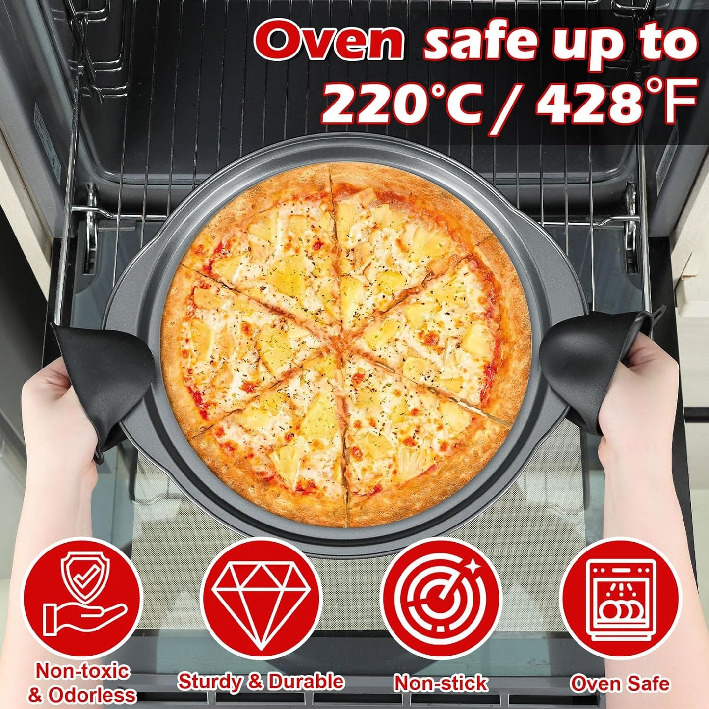 Skiennix Pizza Pan - 13" Round Non-Stick Carbon Steel Trays with Handle | Easy to Clean & Oven Safe (2 Pack)