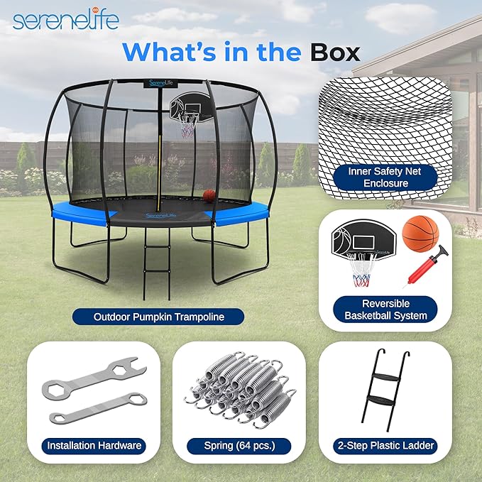 SereneLife 8FT 10FT 12FT 14FT Outdoor Trampoline for Kids - Recreational Backyard Trampoline with Curved Safety Poles, Net Enclosure, Ladder & Basketball Hoop - ASTM Approval for Kids Adults