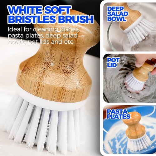 Holikme Dish Brush Set - 6 Pack with Long Handle, Bottle Brush & Palm Scrub for All Cookware - White