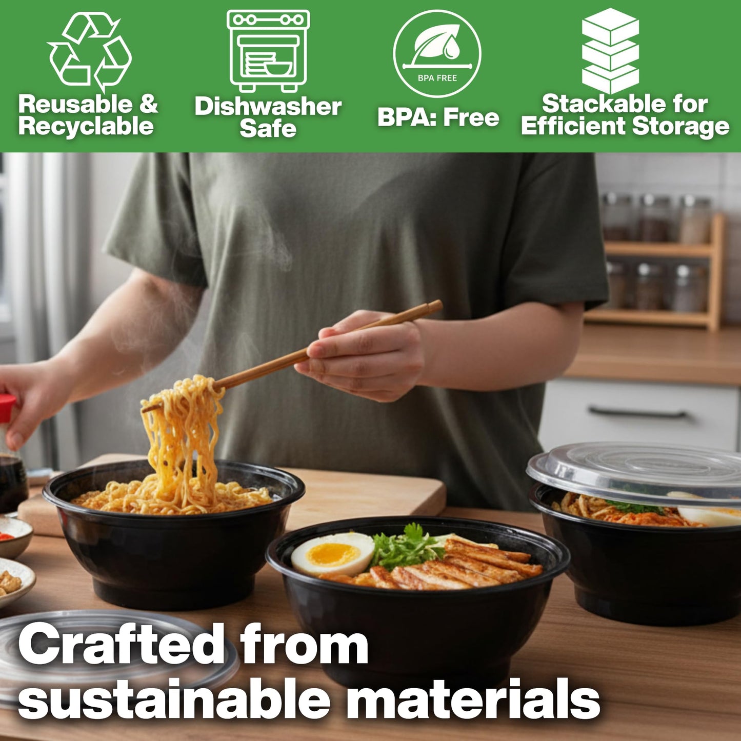 ProTakeOut Disposable Noodle Bowls with Lids – 42 oz Microwaveable Ramen & Soup Containers, Leak-Resistant, BPA-Free, Stackable Food Storage for Restaurants & Takeout – 40 Sets, Black