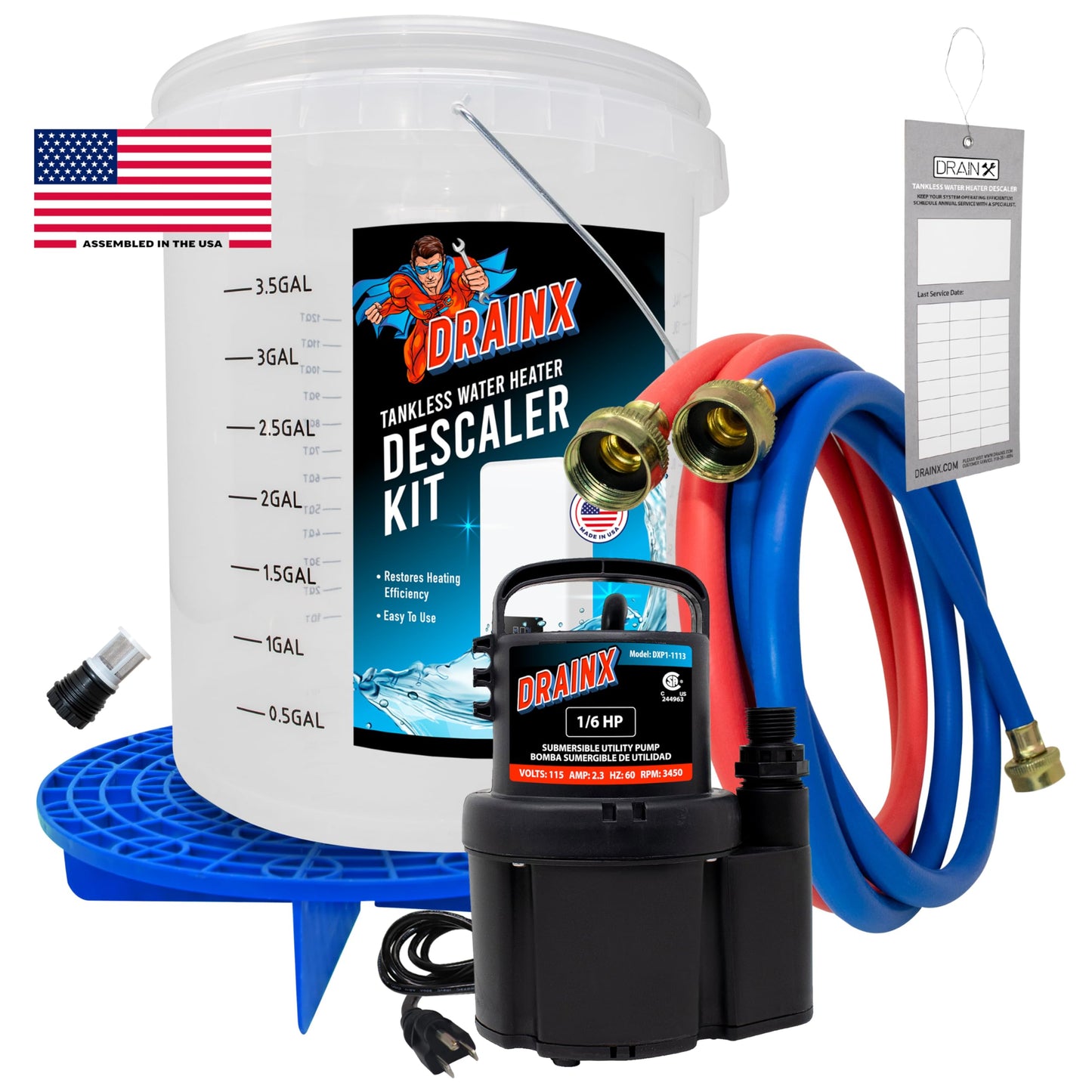 DrainX Tankless Water Heater Flushing Kit Includes Pump, Hoses, Bucket, Maintenance Log, and Replacement Filter for Rinnai Systems – Just Add Vinegar or our Own Descaler