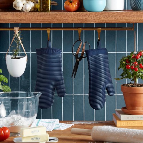 KitchenAid Ribbed Soft Silicone Oven Mitts - 2-Pack Set, 7.5"x13", Stylish Ink Blue