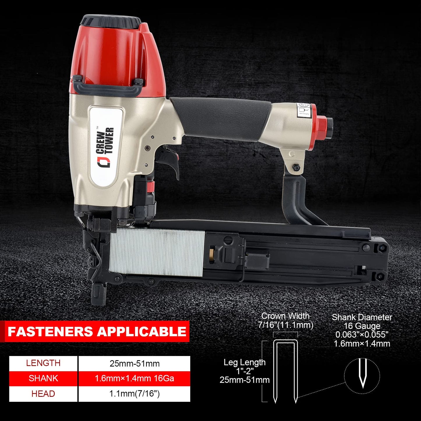 CREWTOWER Pneumatic Stapler, 16 Gauge 7/16-inch Medium Crown Air Staple Gun for Fence Vinyl Siding Furniture Wood Pallets Crate Assembly Cabinets Framework and Structure Construction Finish
