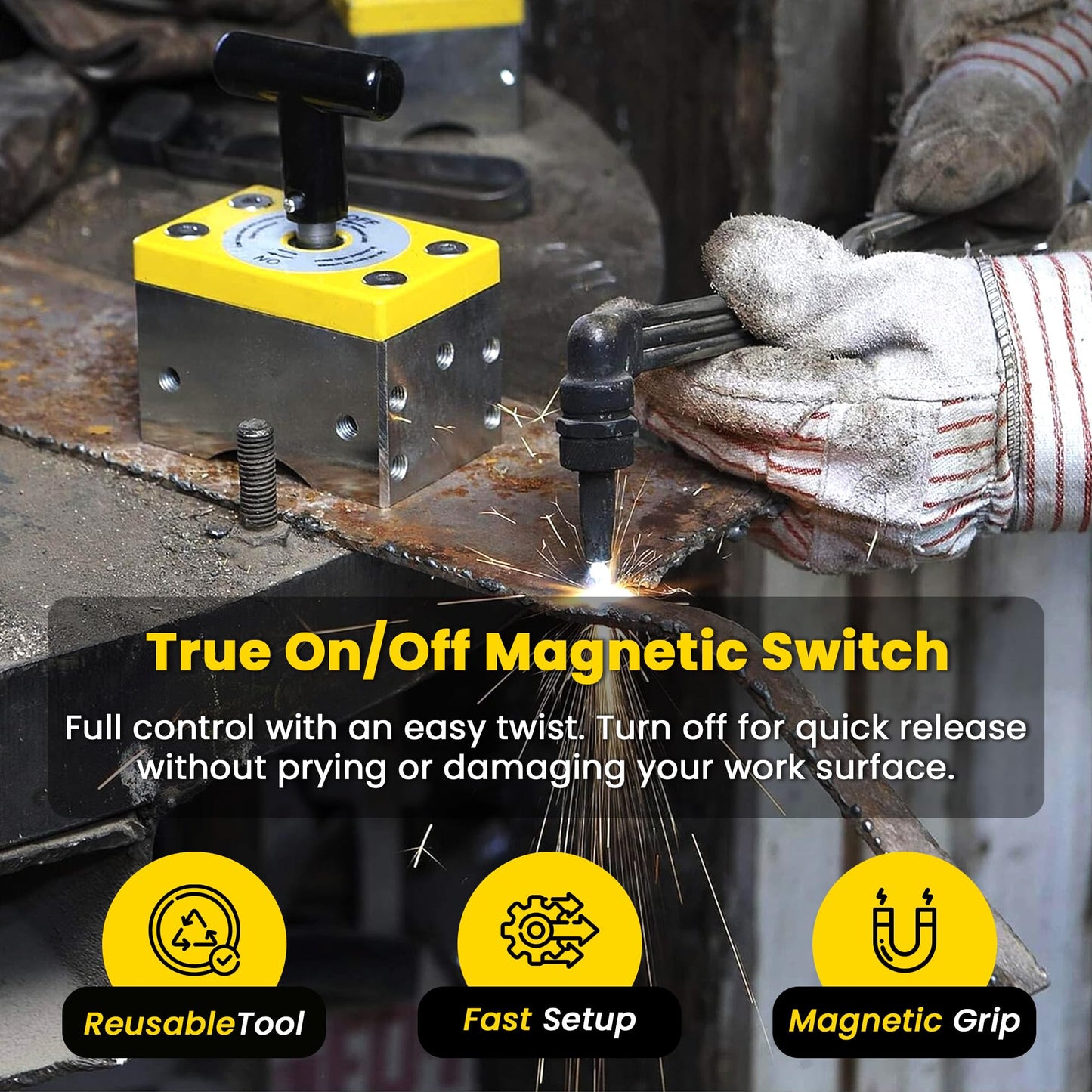 Magswitch MagSquare Magnetic Welding Square Base Clamp Holder for Welding Kit, Tools, Supplies and Accessories, Magnet Switch with On/Off Capabilities, yellow/Silver/Black, 1050 LBS