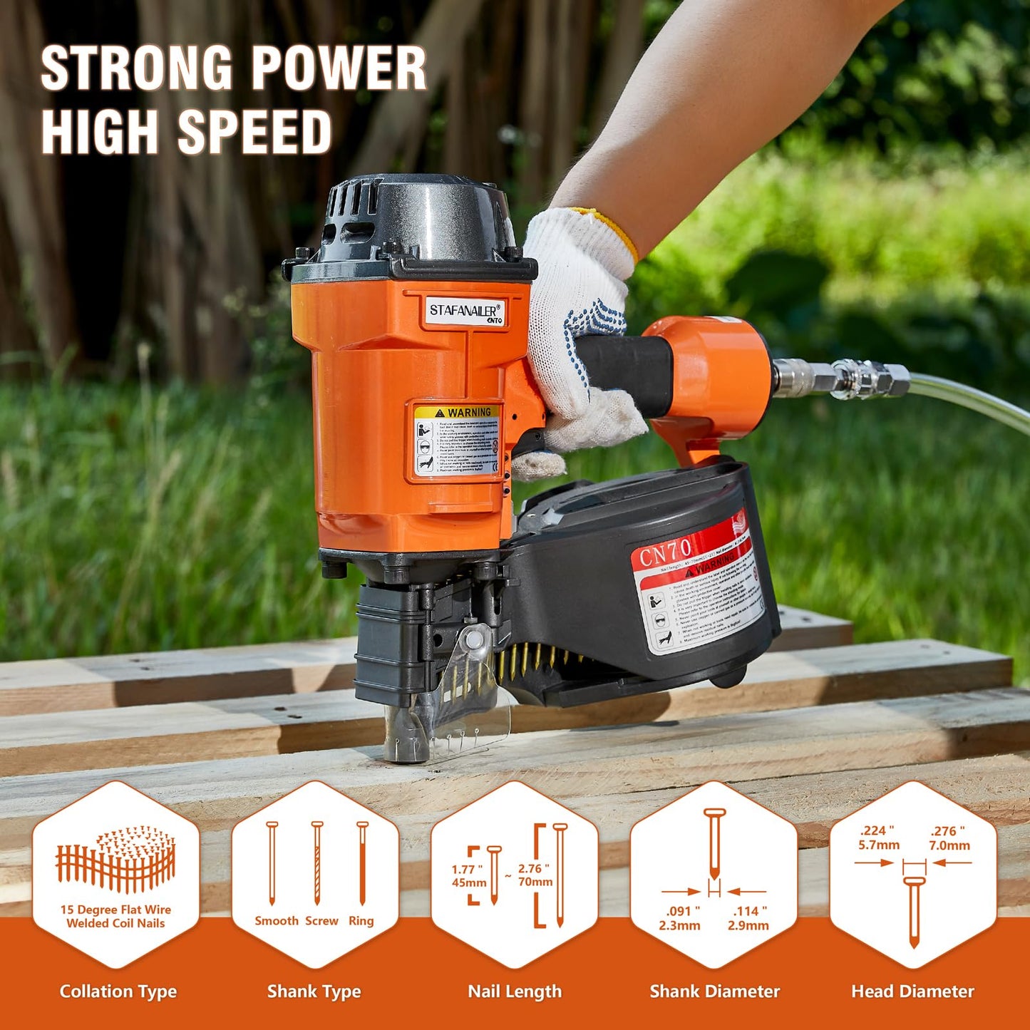 Stafanailer Update CN70 Air Coil Nailer, 15 Degree Pneumatic Coil Nail Gun, 1-3/4" to 2-3/4" Fast Shooting Nailer, High Speed Air Coil Nail Gun for Pallets, Siding, Crating, Fencing, Decking