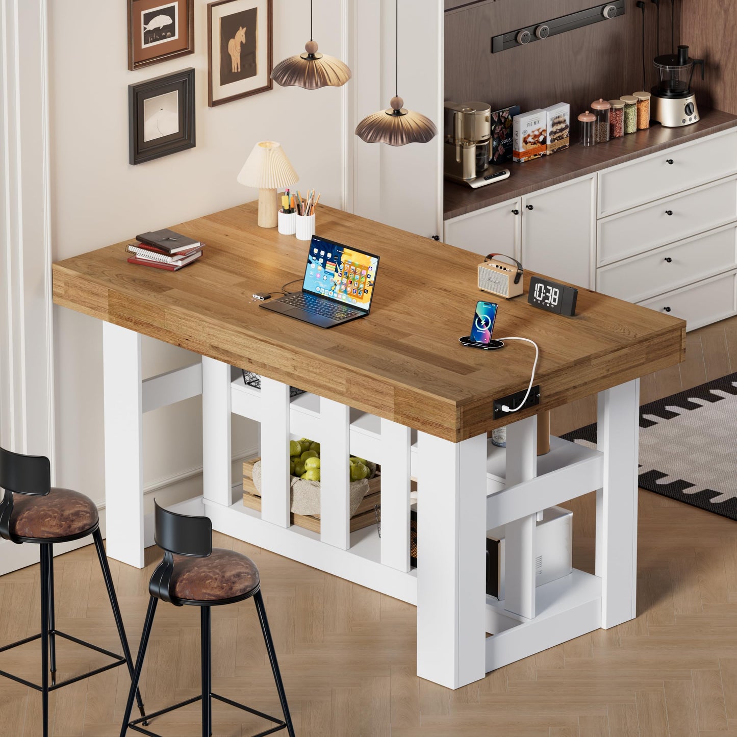 PAKASEPT 55" Kitchen Island with Storage, 3-Tier Farmhouse Wood Island Table with Power Outlets,Shelves for Kitchen, Dining Table for 4,Dining Room,Living Room,Home Bar,White
