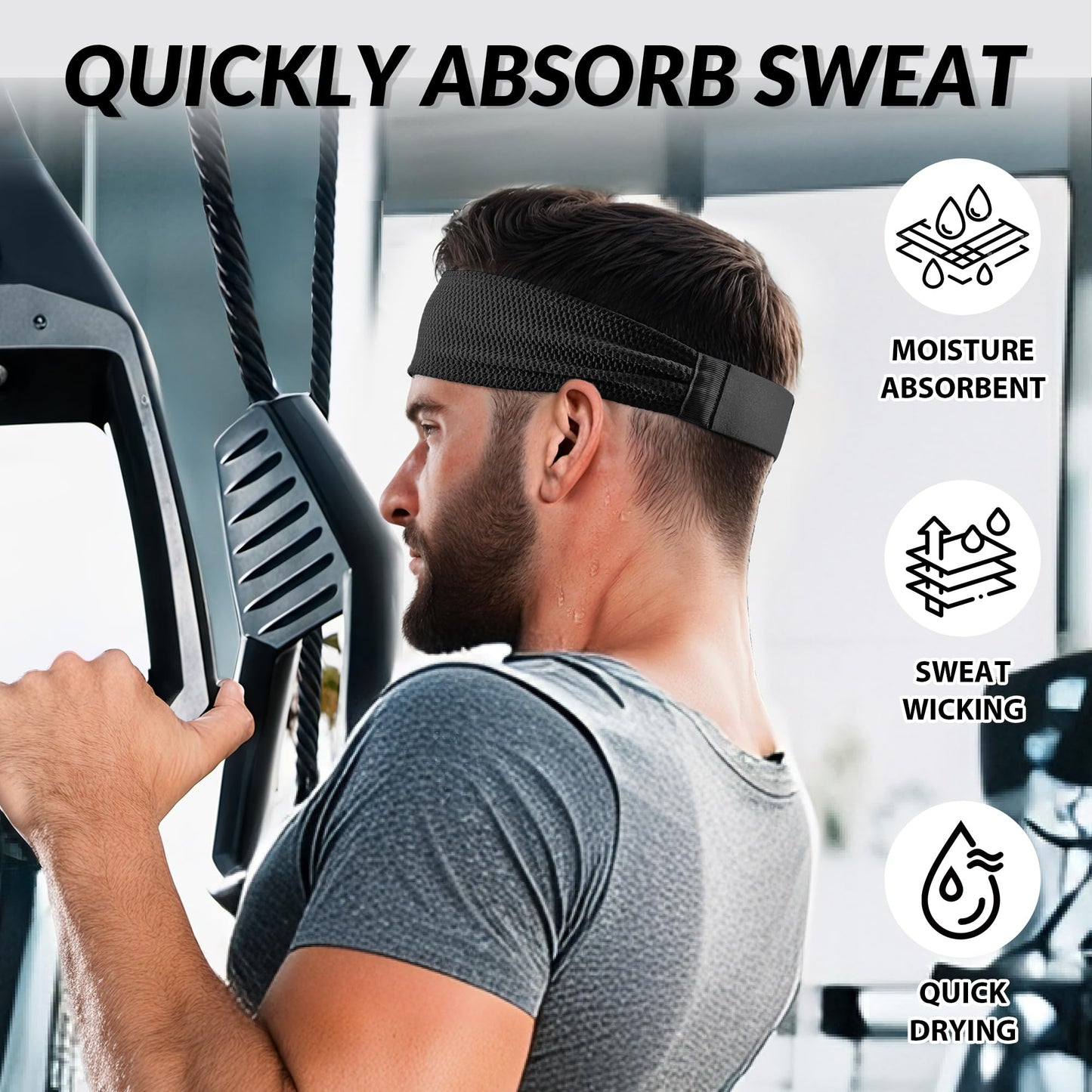 Sukeen Sports Headbands for Men 4 Pack, Moisture Wicking Sweat Bands Headbands Non-Slip, Breathable Elastic Sweatband, Running Headband for Yoga Tennis Fitness Workout, Black/Dark Gray/Dark Blue/Gray