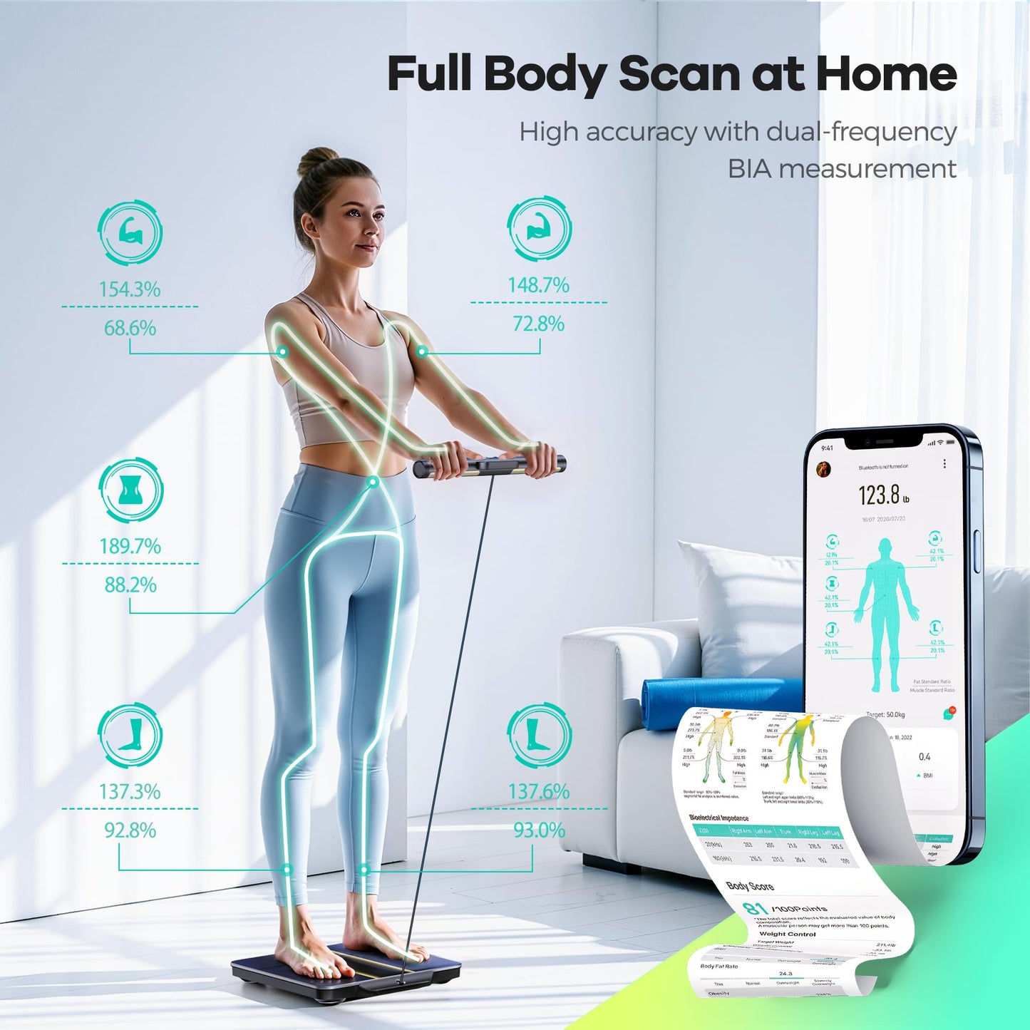 RunStar Smart Scale for Body Weight, 8 Electrodes High Precision Digital Bathroom Scale with Set Functions Handle, Body Composition Scale for 28 Metrics 400lbs, Blue-Black