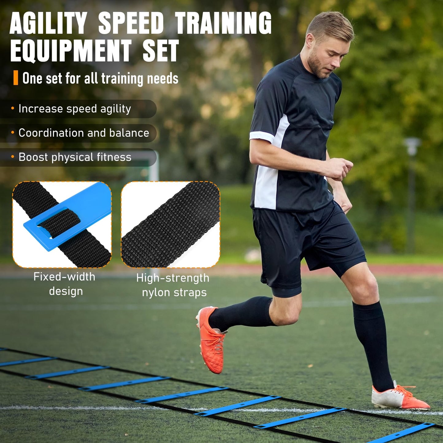 MUROZA Agility Ladder, Football Training Equipment Set, 20ft Speed Ladder, 12 Soccer Cones, 4 Hurdles, Jump Rope, Running Parachute, Soccer Football Basketball Training Equipment Accessories