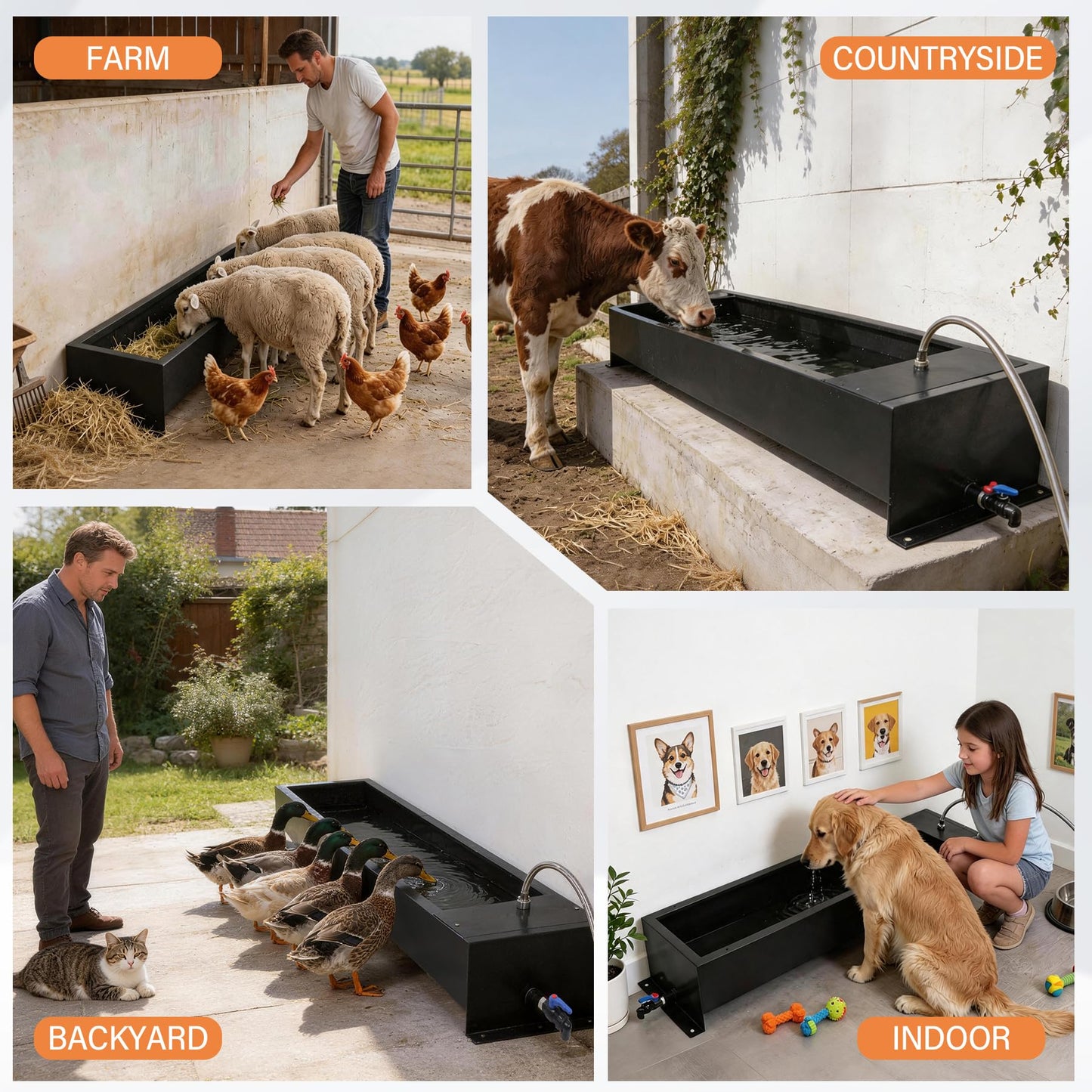 Domivans Animal Drinking Water Bowl - 12 Gal Stainless Steel Livestock Water Trough with Drain Hole, Automatic Waterer Filling Feeder for Cattle Pigs Sheep Horses Dogs, 47.2"*12.4"*5.3"