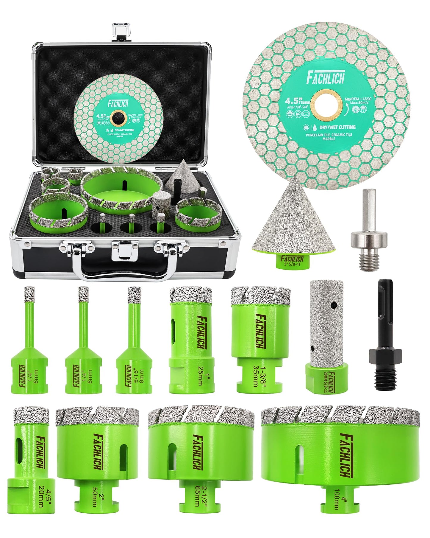FACHLICH Tile Hole Saw Kit - 14pcs Diamond Hole Saw (6/6/8/20/25/35/50/65/100mm) with Finger Bit and Chamfer Bit, Tile Drill Bits for Porcelain Ceramic Marble Brick Granite,5/8"-11 Thread