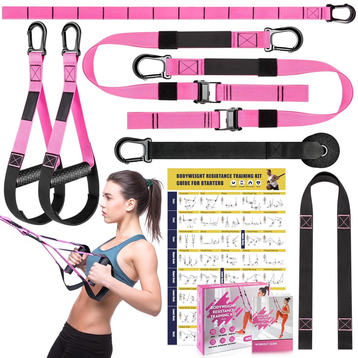 Home Resistance Training Kit, Resistance Trainer Exercise Straps with Handles, Door Anchor and Carrying Bag for Home Gym, Bodyweight Resistance Workout Straps for Indoor & Outdoor (Pink)
