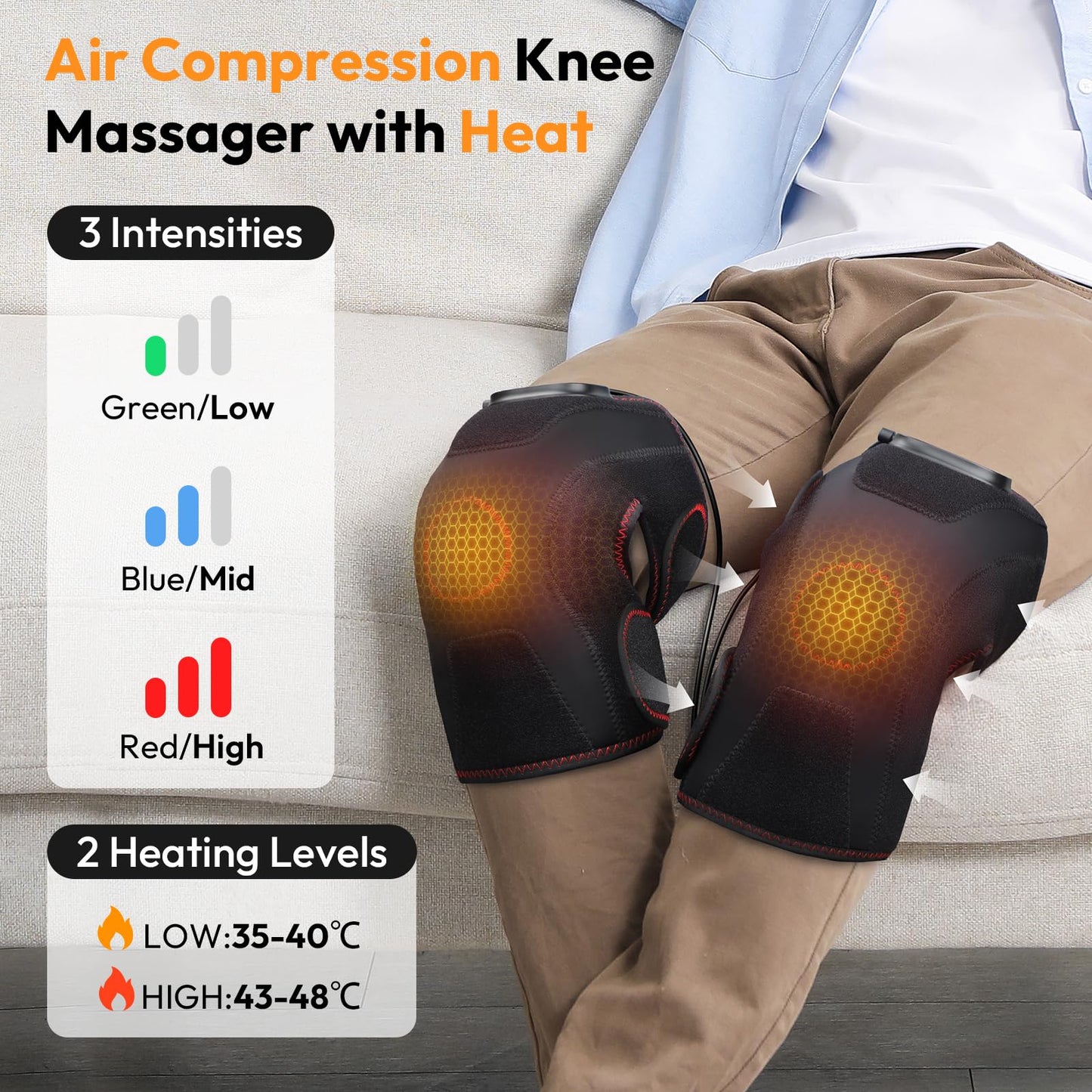 QUINEAR Knee Massager for Pain Relief,Air Compression Heating Pad for Knee,Heated Knee Warmers Wrap, 3 Modes & 3 Intensities