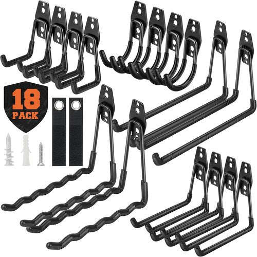 Nacial Heavy-Duty Garage Hooks - 18 Pack Utility Steel Wall Mount for Bikes, Ladders & Tools